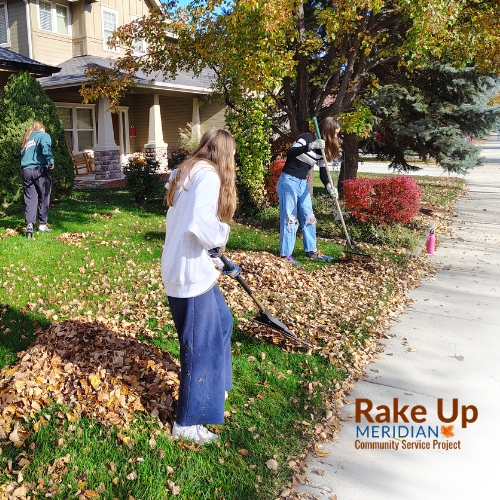 Three people raking leaves in a yard into piles. Rake up Meridian logo in the bottom right corner.