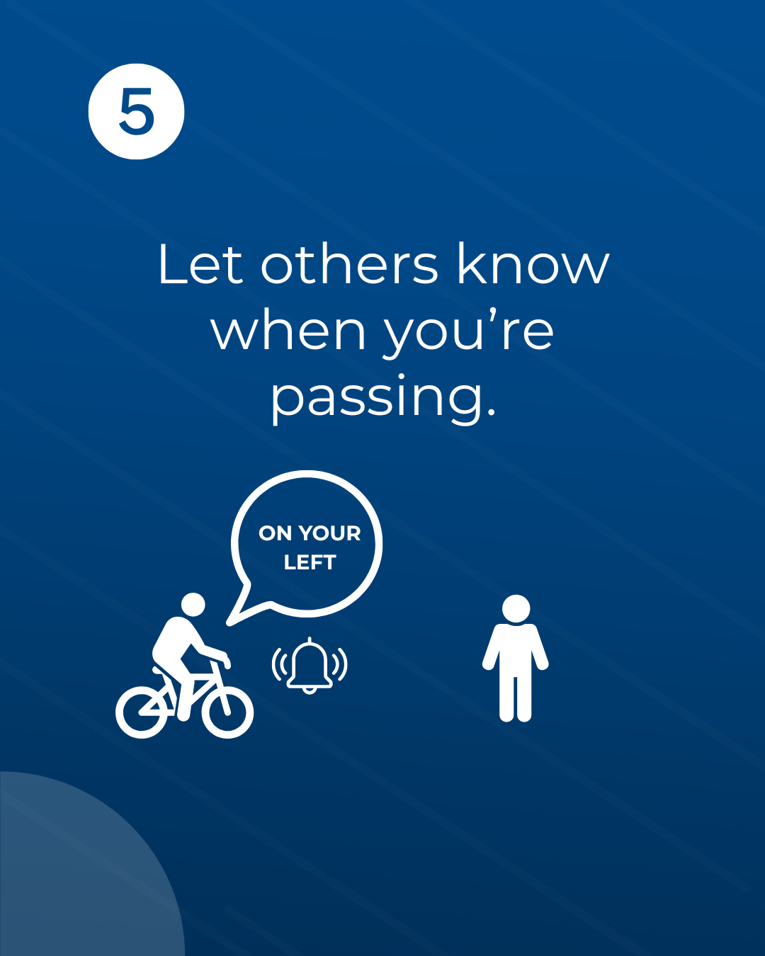 Slide 5 of 6: Let others know when you're passing. Say "On your left" or ring a bell. Graphic showing bicycle rider saying on your left with a bell icon.